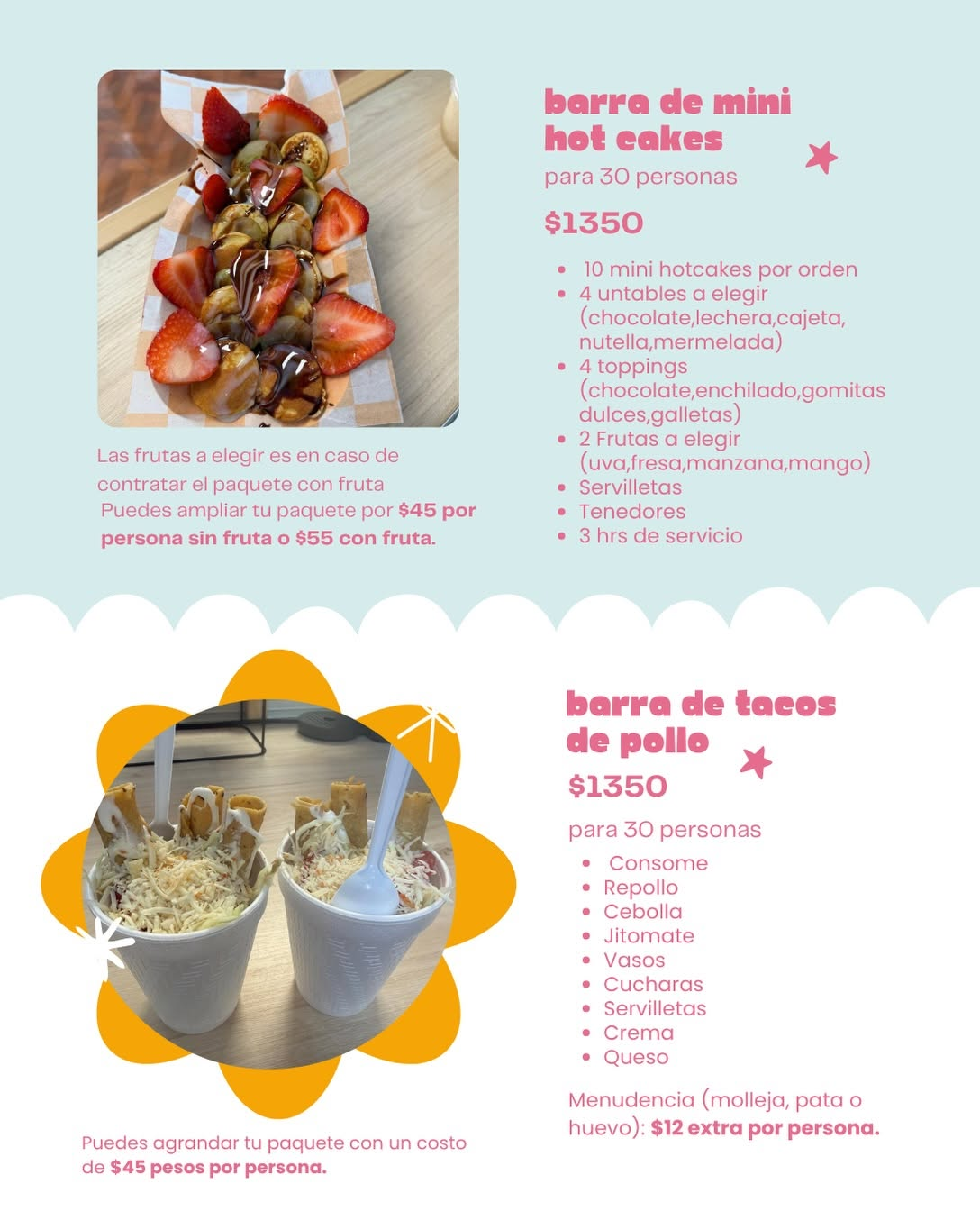 Anuncio completo de mini hot cakes y tacos de pollo