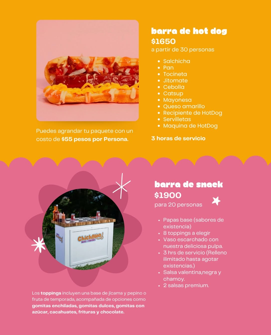 Anuncio completo de hot dogs y barra de snacks